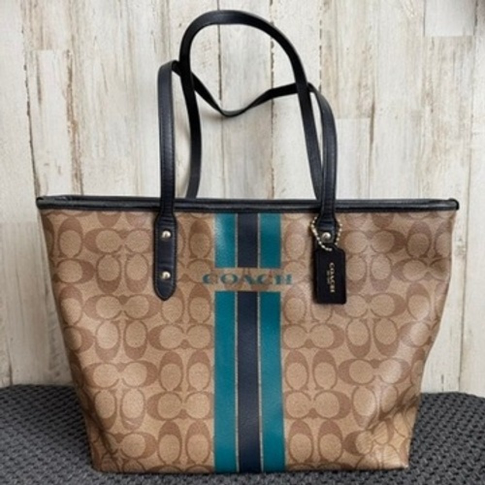 Coach Teal Varsity Stripe Signature City Zip Large Tote Style F38405 Monogram